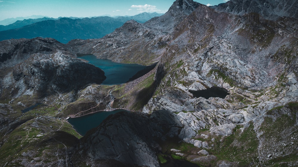 an aerial view of a mountain range with a lake in the middle