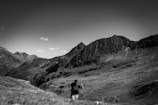 A solitary person is hiking through a mountainous landscape, carrying walking sticks. Surrounding them are rugged mountains with a clear sky overhead. The terrain is rough and rocky, giving a sense of isolation and adventure.