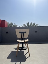 A sunlit backyard scene in Southern California with palm trees and a cozy chair.