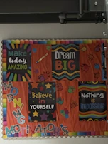 A creative bulletin board displaying top-rated blog titles and star ratings.