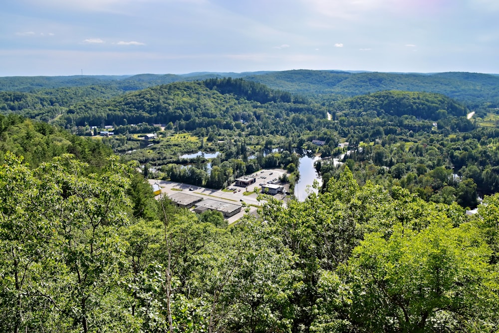 a scenic view of a town surrounded by trees