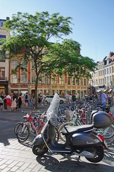 A busy European street scene featuring a row of parked bicycles and a gray scooter in the foreground. People are walking past on the cobblestone pavement, surrounded by historic buildings with ornate facades and a large tree providing shade. The atmosphere suggests a lively urban environment on a sunny day.