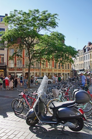 A busy European street scene featuring a row of parked bicycles and a gray scooter in the foreground. People are walking past on the cobblestone pavement, surrounded by historic buildings with ornate facades and a large tree providing shade. The atmosphere suggests a lively urban environment on a sunny day.