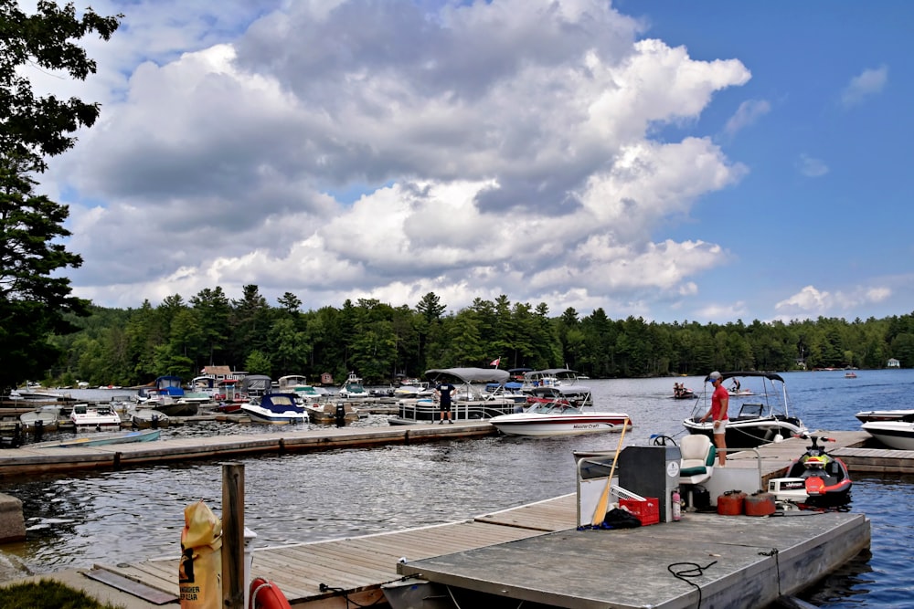 a group of boats parked at a dock on a lake