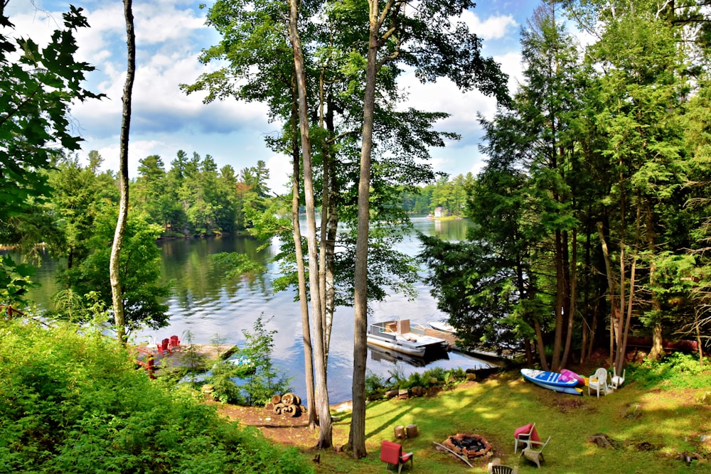 a lake surrounded by trees and a dock