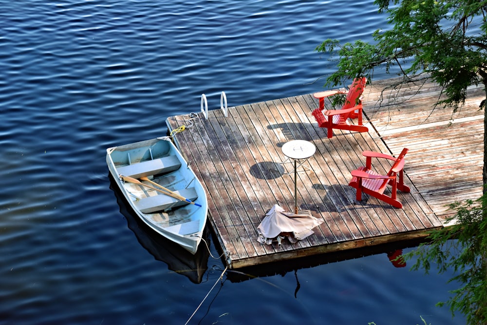 a boat is docked on a wooden dock