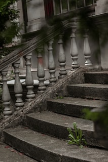 A set of stone steps leading up to a decorative balustrade, partially covered by greenery, with signs of slight weathering. The stone railing features classic, turned balusters, characteristic of an older architectural style.