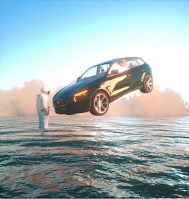 A person dressed in what appears to be a spacesuit stands on a water surface, while a black car hovers in mid-air next to them. The background features a bright, glowing horizon with a blue sky.