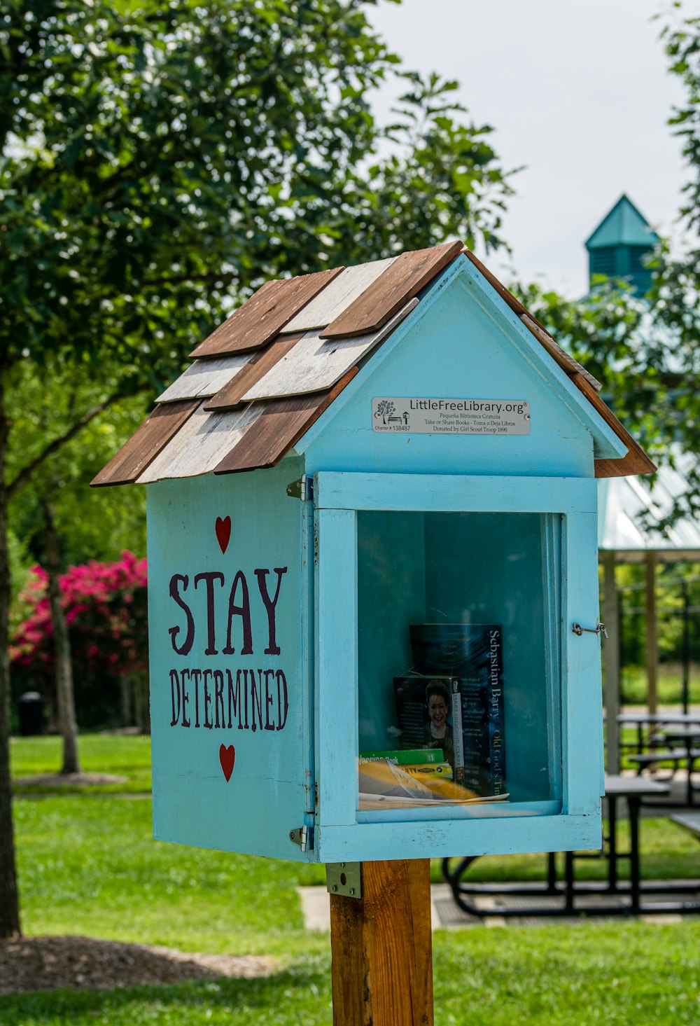 a blue mailbox with the words stay determined written on it