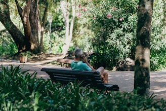 An elderly person is seated on a park bench, surrounded by lush green foliage and trees. The setting is peaceful and sunlit, with a variety of plants in the background. The individual appears to be relaxed and contemplative.