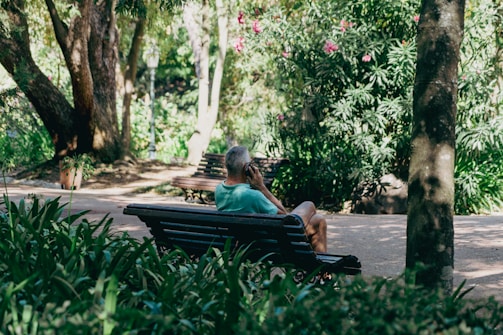 An elderly person is seated on a park bench, surrounded by lush green foliage and trees. The setting is peaceful and sunlit, with a variety of plants in the background. The individual appears to be relaxed and contemplative.
