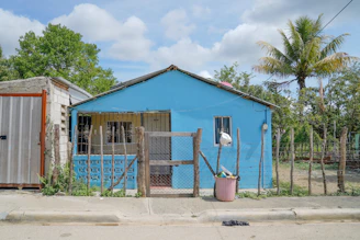 A cozy small house with a colorful front yard in a Mexican neighborhood.