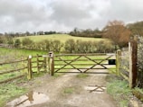 A sturdy wooden gate fitted at the entrance of a rural farm property.