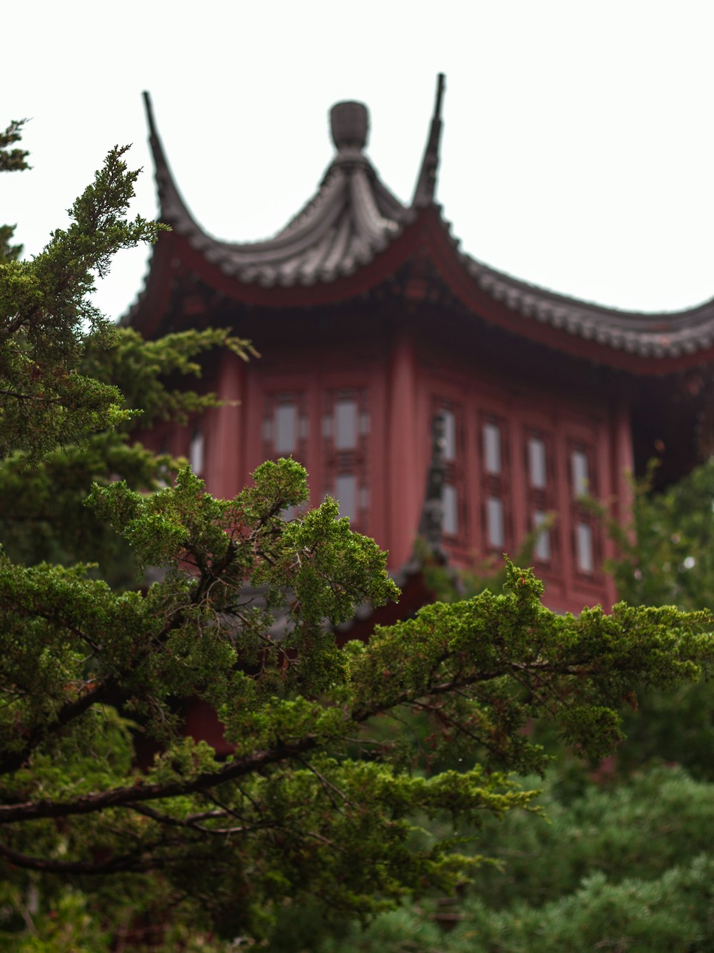 a tall red building with a tree in front of it