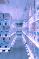 A wide view of a modern commercial space with multiple vending machines and micromarket shelves.