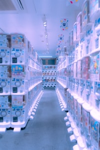 A sleek AI vending machine glowing with neon blue and electric green accents inside a modern urban storefront at night.