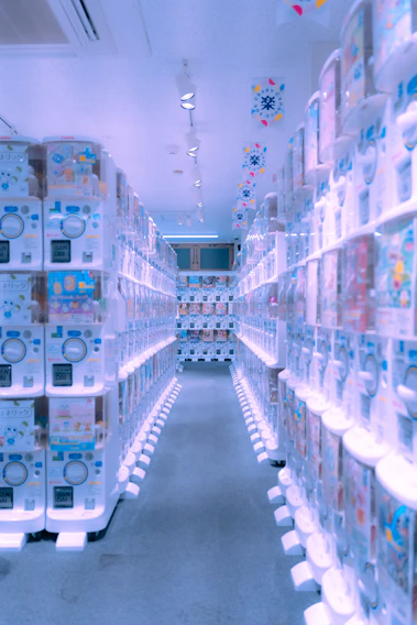 A sleek black smart vending machine with glowing electric blue accents inside a modern office lobby.