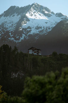 A charming house sits atop a lush, forested hillside with a backdrop of towering, snow-capped mountains. The dark green of the forest contrasts with the white snow on the rocky peaks, creating a serene and picturesque landscape. The scene captures the beauty of nature and the tranquility of a secluded mountain retreat.