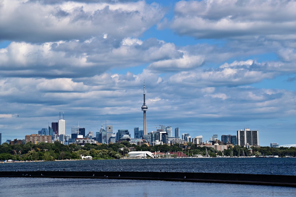 a large body of water with a city in the background