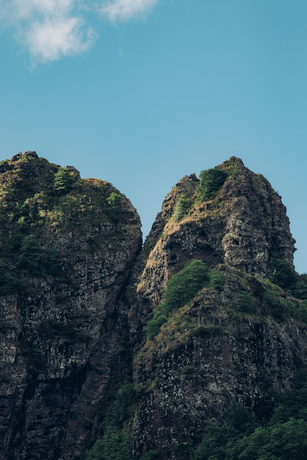 a couple of large rocks sitting on top of a lush green hillside