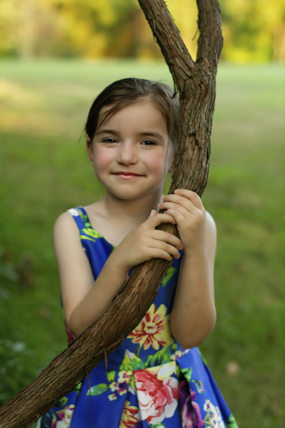 a young girl in a blue dress holding a tree branch