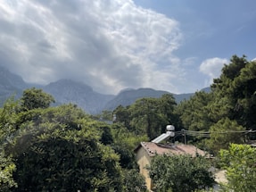 A serene landscape featuring a lush forest with green trees surrounding a small house with solar panels on the roof. In the background, rolling hills and mountains can be seen partially covered by clouds under a partly cloudy sky.
