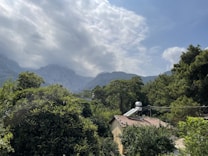 A serene landscape featuring a lush forest with green trees surrounding a small house with solar panels on the roof. In the background, rolling hills and mountains can be seen partially covered by clouds under a partly cloudy sky.