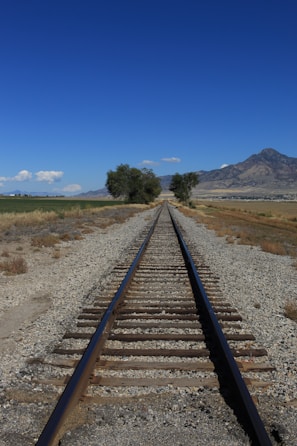 A high-speed railway track stretching into the horizon under a clear blue sky.