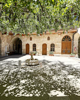The sun-dappled courtyard of Torre Palazzone, with terracotta pots and blooming greenery inviting quiet moments.