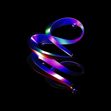 A digital artwork featuring a swirling, ribbon-like structure with a gradient of vibrant colors including blue, purple, green, and red. Reflective spheres are embedded along the structure, all set against a stark black background that enhances the dramatic contrast and luminescence of the design.