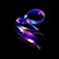 A digital artwork featuring a swirling, ribbon-like structure with a gradient of vibrant colors including blue, purple, green, and red. Reflective spheres are embedded along the structure, all set against a stark black background that enhances the dramatic contrast and luminescence of the design.
