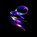 A digital artwork featuring a swirling, ribbon-like structure with a gradient of vibrant colors including blue, purple, green, and red. Reflective spheres are embedded along the structure, all set against a stark black background that enhances the dramatic contrast and luminescence of the design.