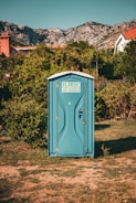 A blue portable toilet stands in the middle of a grassy area surrounded by lush green bushes. In the background, there are rocky mountains and houses with red-tiled roofs, under a clear blue sky.