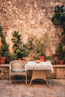 A simple outdoor setting featuring a woven chair and a small table covered with a fringed tablecloth. The area is adorned with various potted plants placed against a rustic stone wall, adding a touch of greenery to the scene.