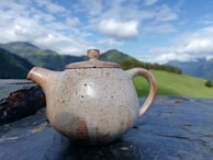 A ceramic teapot with a speckled texture is placed on a dark rock surface. In the background, a scenic view of rolling green hills and a blue sky with scattered clouds is visible.