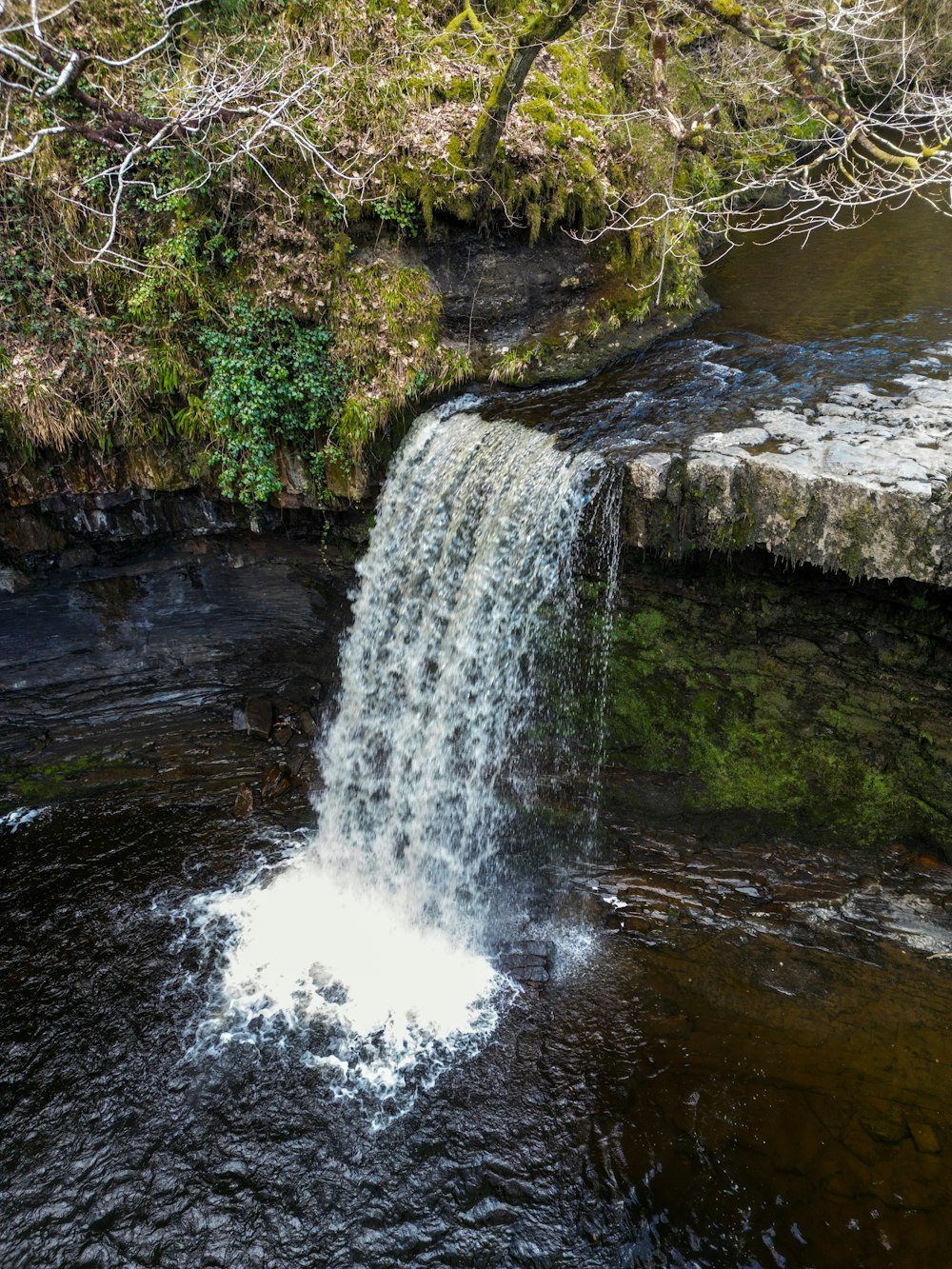 una piccola cascata con cascata d'acqua su di essa