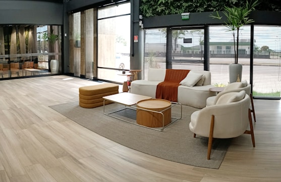 Bright and airy living room with minimalist furniture and warm wooden accents.