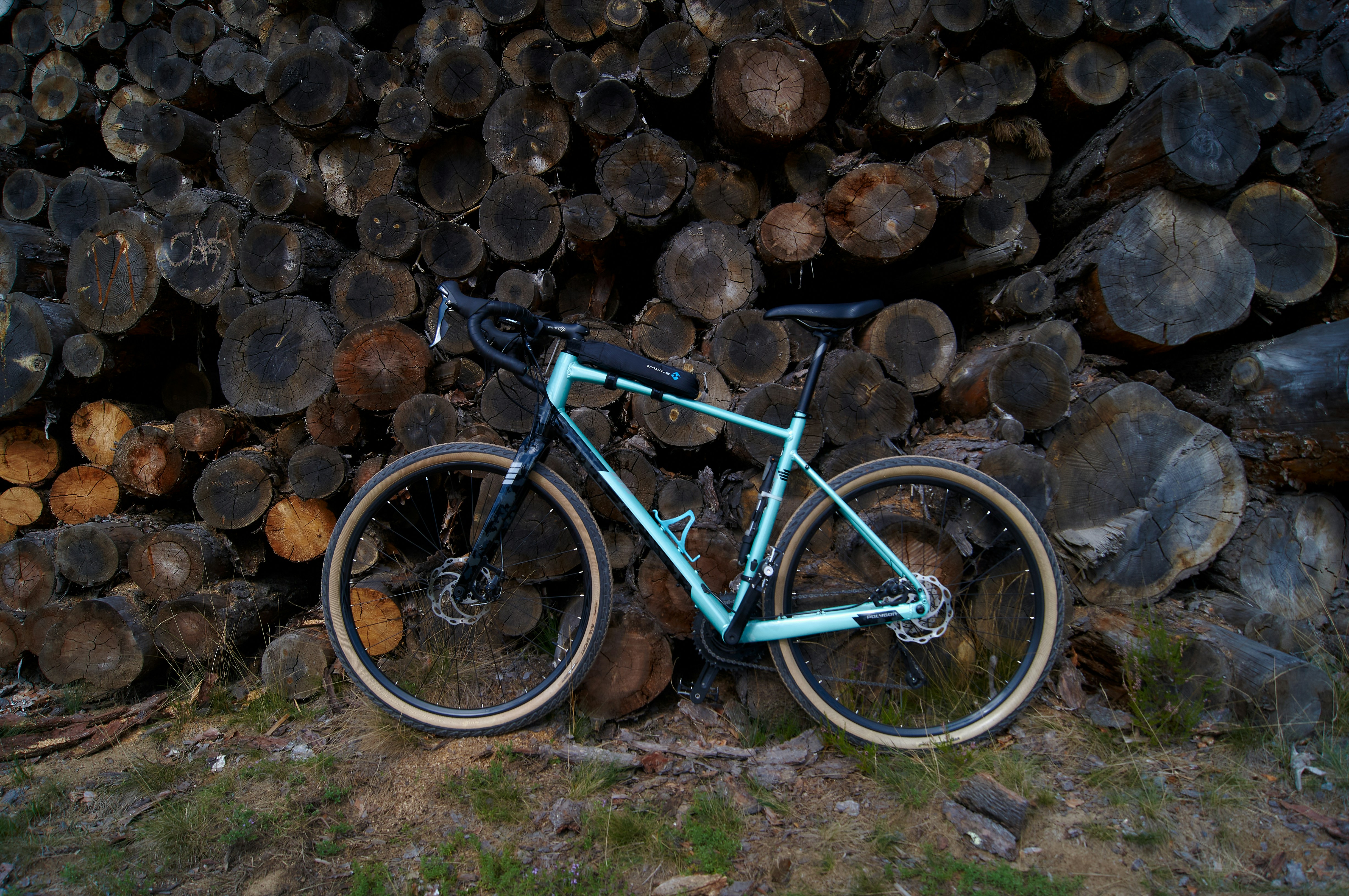 a blue bicycle parked in front of a pile of logs