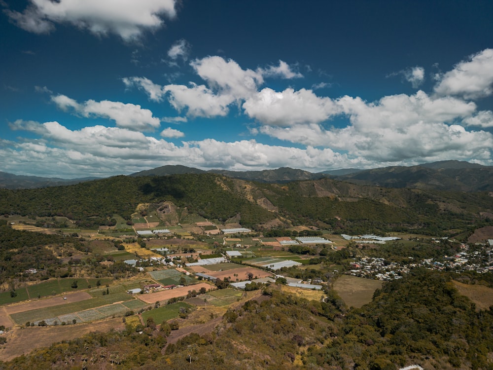 an aerial view of a small town surrounded by mountains