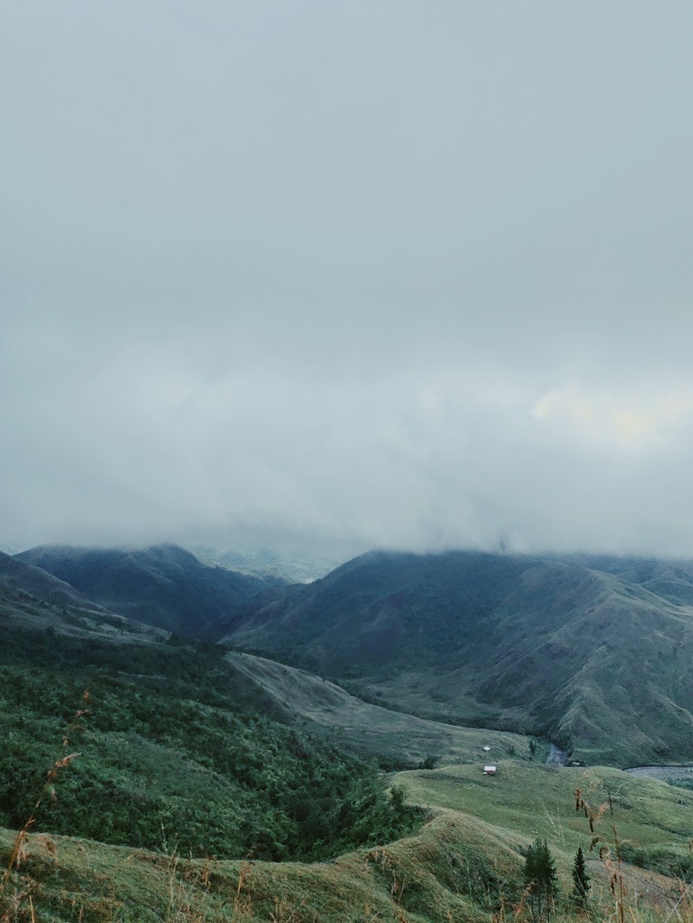 a view of a valley with mountains in the background