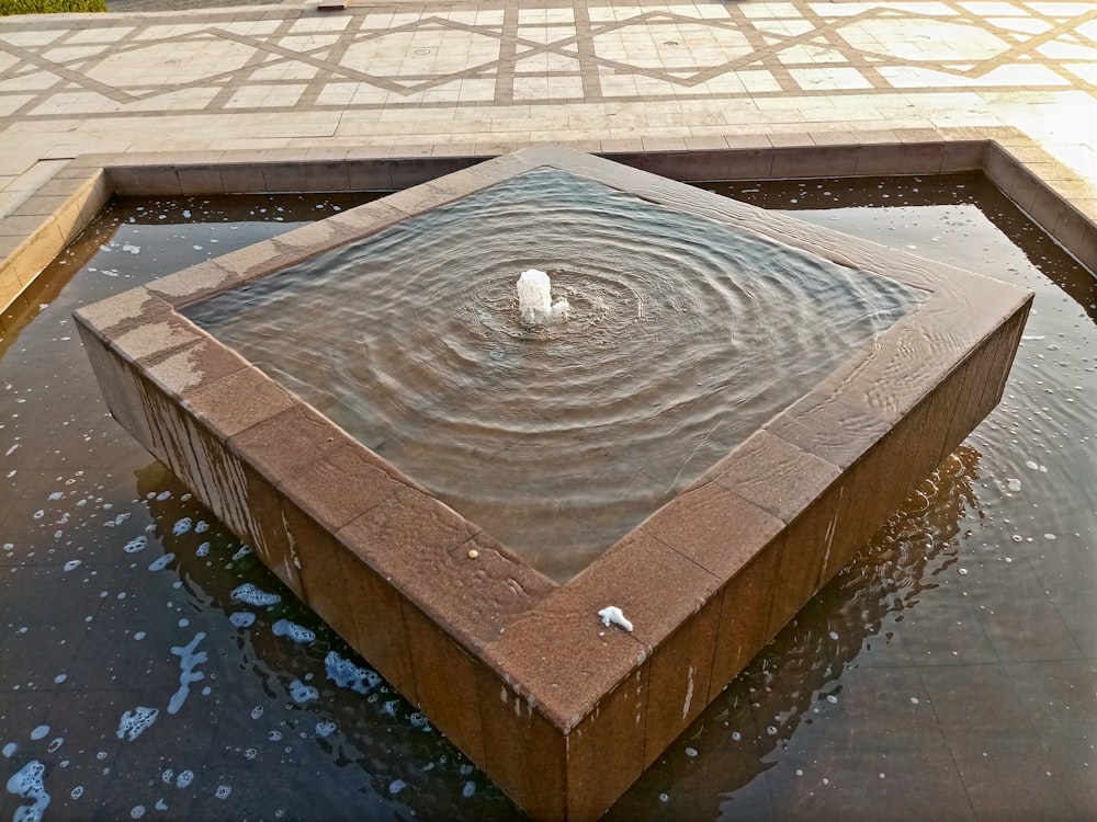 a square fountain with a white bird in it