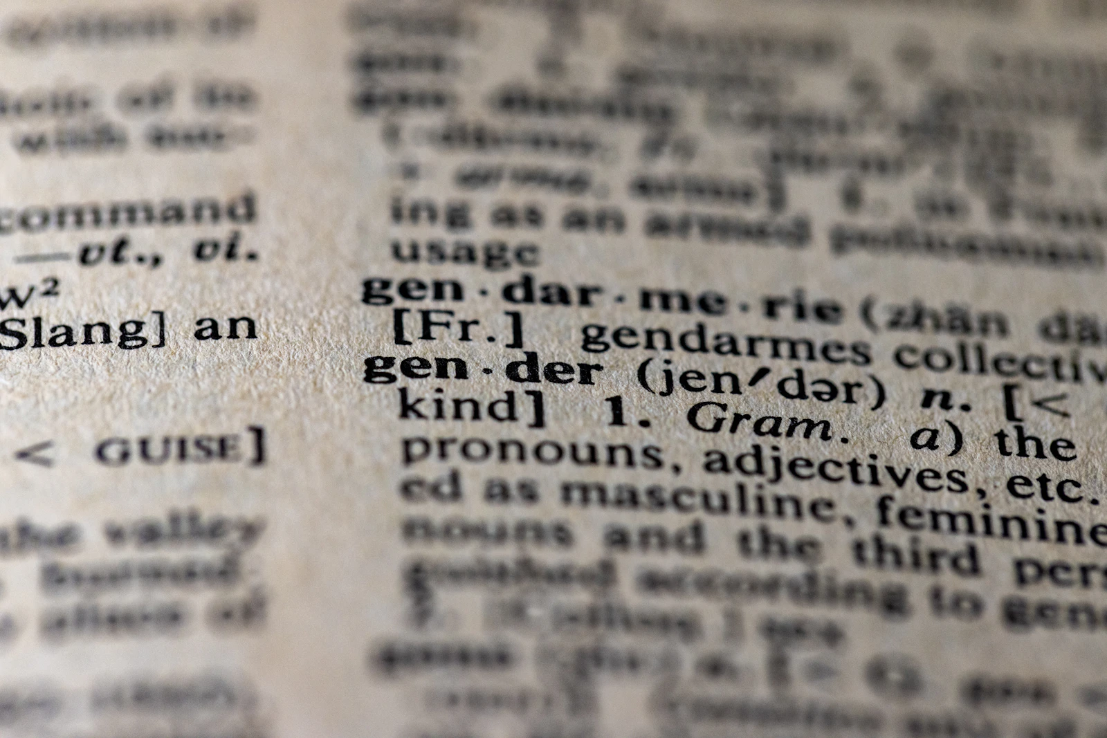 Aufgeschlagenes Wörterbuch in Nahaufnahme mit unscharfem Text