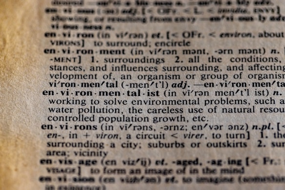 Close-up view of a dictionary page featuring the entry for the word 'environment,' including its pronunciation, definition, and related terms such as 'environmentalist.' The text explains the concept in detail and mentions issues like water pollution and resource use.