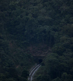 Aerial shot of a busy railway tunnel entrance nestled in lush green terrain.