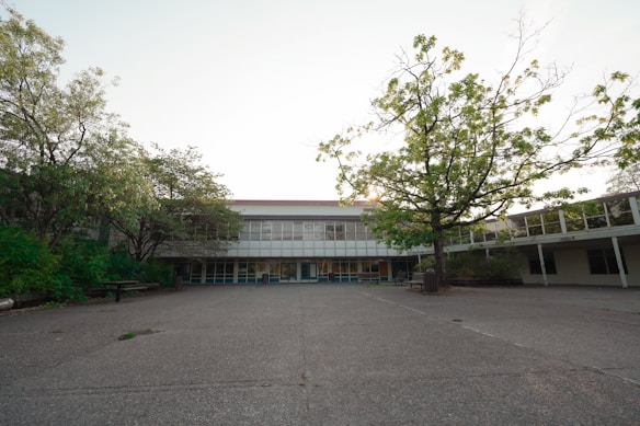 A large open courtyard surrounded by school buildings with large glass windows. There are trees with green leaves on both sides, and a pathway leading to the entrance of the building. The setting is peaceful and quiet, with sunlight filtering through the trees.