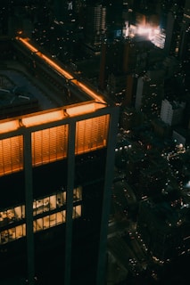 an aerial view of a city at night