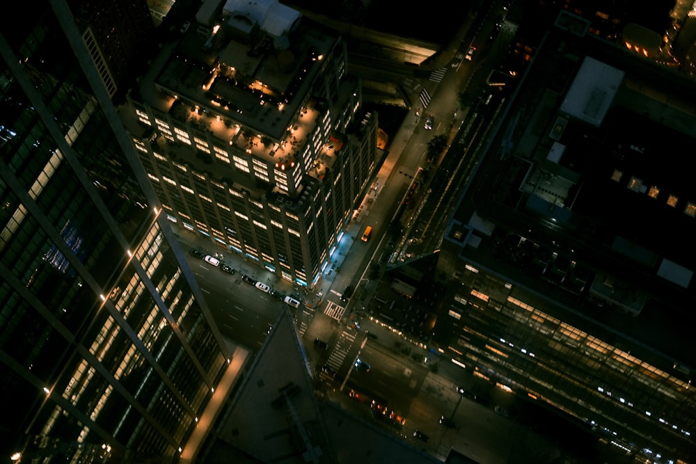 an aerial view of a city at night