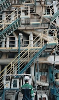 A complex network of industrial stairs, platforms, and pipes with a person wearing a hard hat and safety attire standing at the bottom. The environment is filled with metallic structures and equipment, indicating a manufacturing or industrial setting.