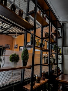 A shelving unit with wooden shelves and a metal grid structure contains various objects, including small potted plants, jars with pickled items, and decorative bottles. Artworks hang on the walls, and the space has a warm, industrial aesthetic with earthy tones.