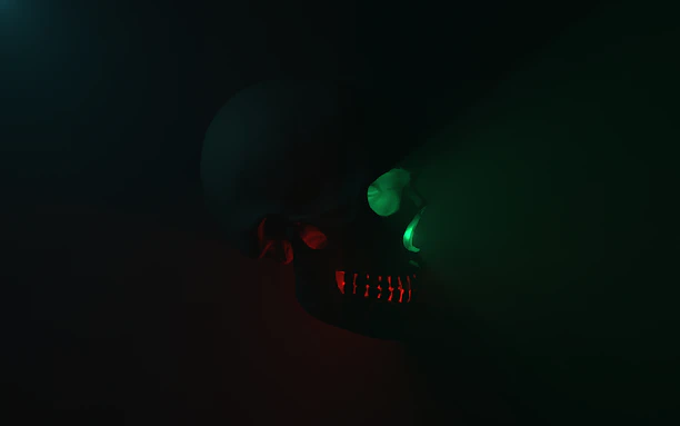 A dark, eerie scene featuring a glowing red skull surrounded by twisted shadows and dripping crimson fog.